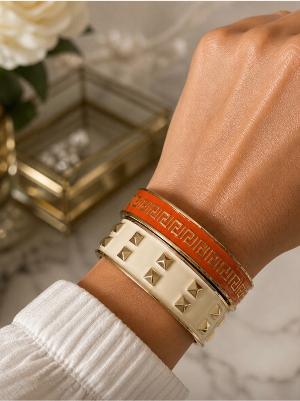 Vintage Enamel Bangle Bracelet -Orange Greek Key Ivory Studded Gold Tone Hinged